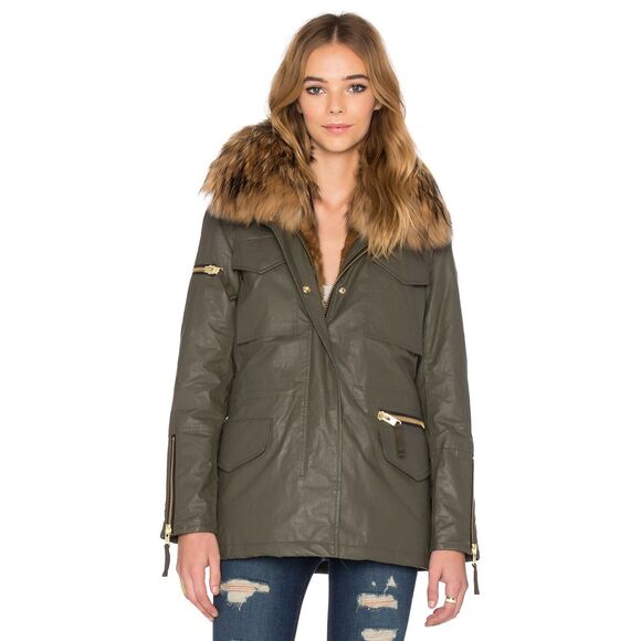 SAM Fur Jacket Kate Army Khaki Green Size S | Rabbit & Raccoon Fur Parka - Picture 1 of 16
